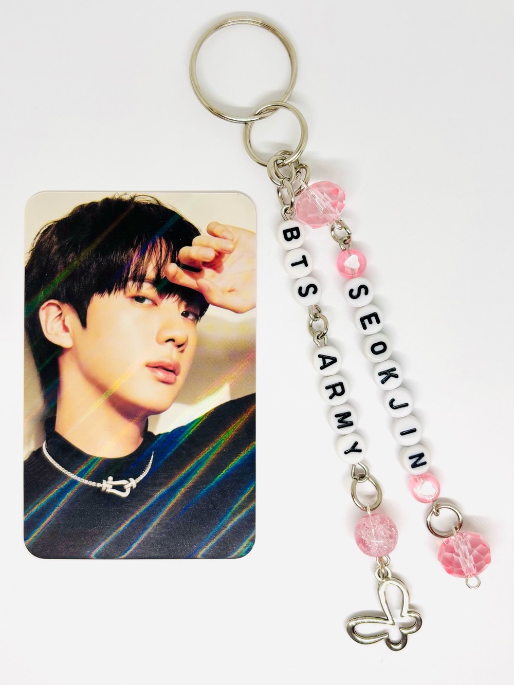 (2pcs) BTS JIN BIAS PINK BEADED SILVER KEYCHAIN AND PHOTOCARD BUNDLE